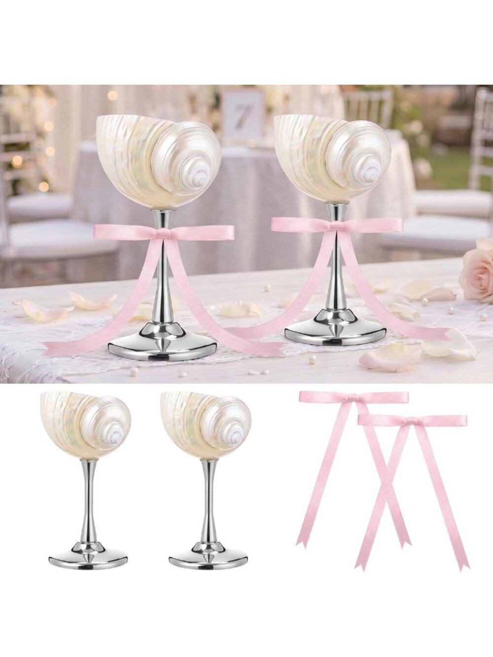 Set of 2 Conch Shell Wine Glasses - Silver Base, Seashell Cocktail Goblet for